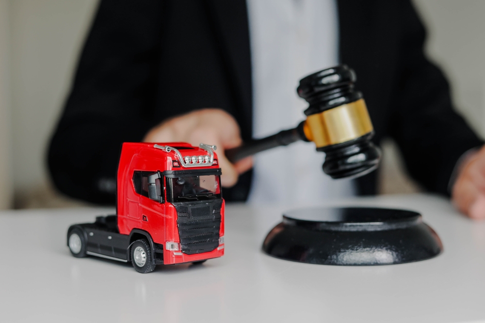 Judge hitting Gavel off a block in courtroom. Prohibited export concept. Toy cargo truck on the table.